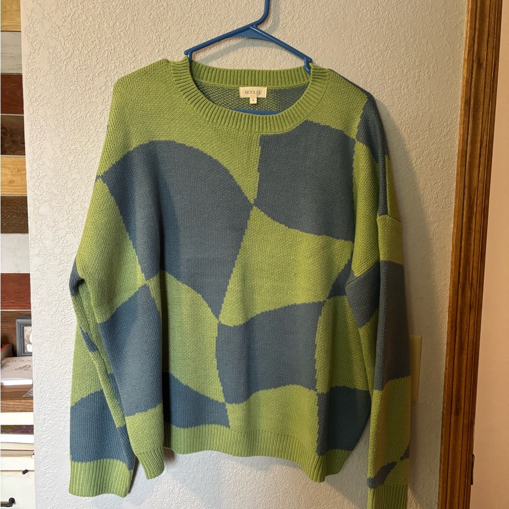Roolee Green and Blue Crewneck Sweater with Geometric Design